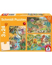 Puzzle Schmidt 3 x 24 piese - Distracție cu dinozauri -1